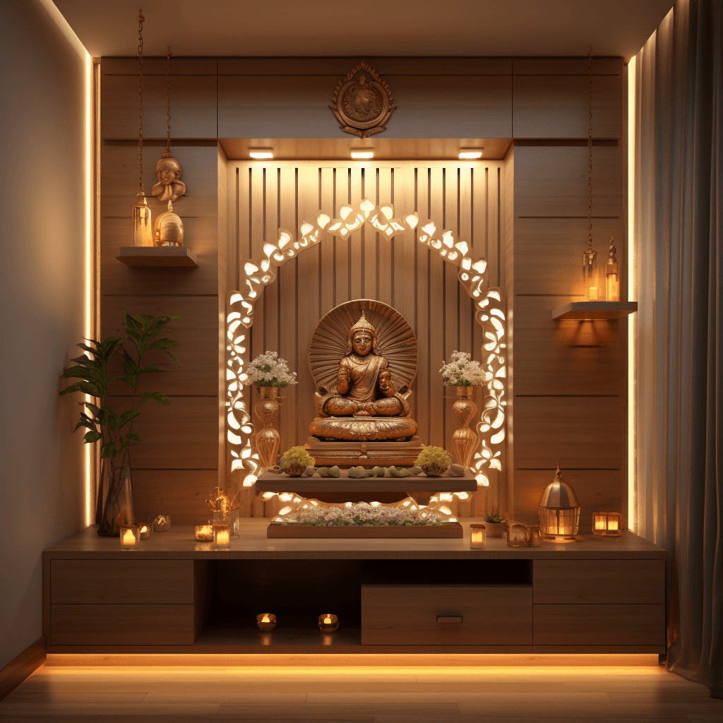 Wooden Temple Design with LED Lights