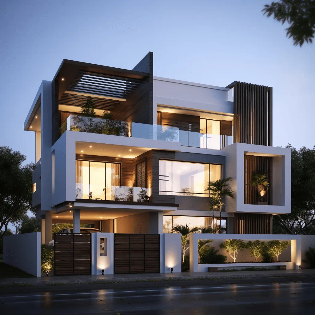 2 Floor Builing House Front Elevation Design with Mixed Styles