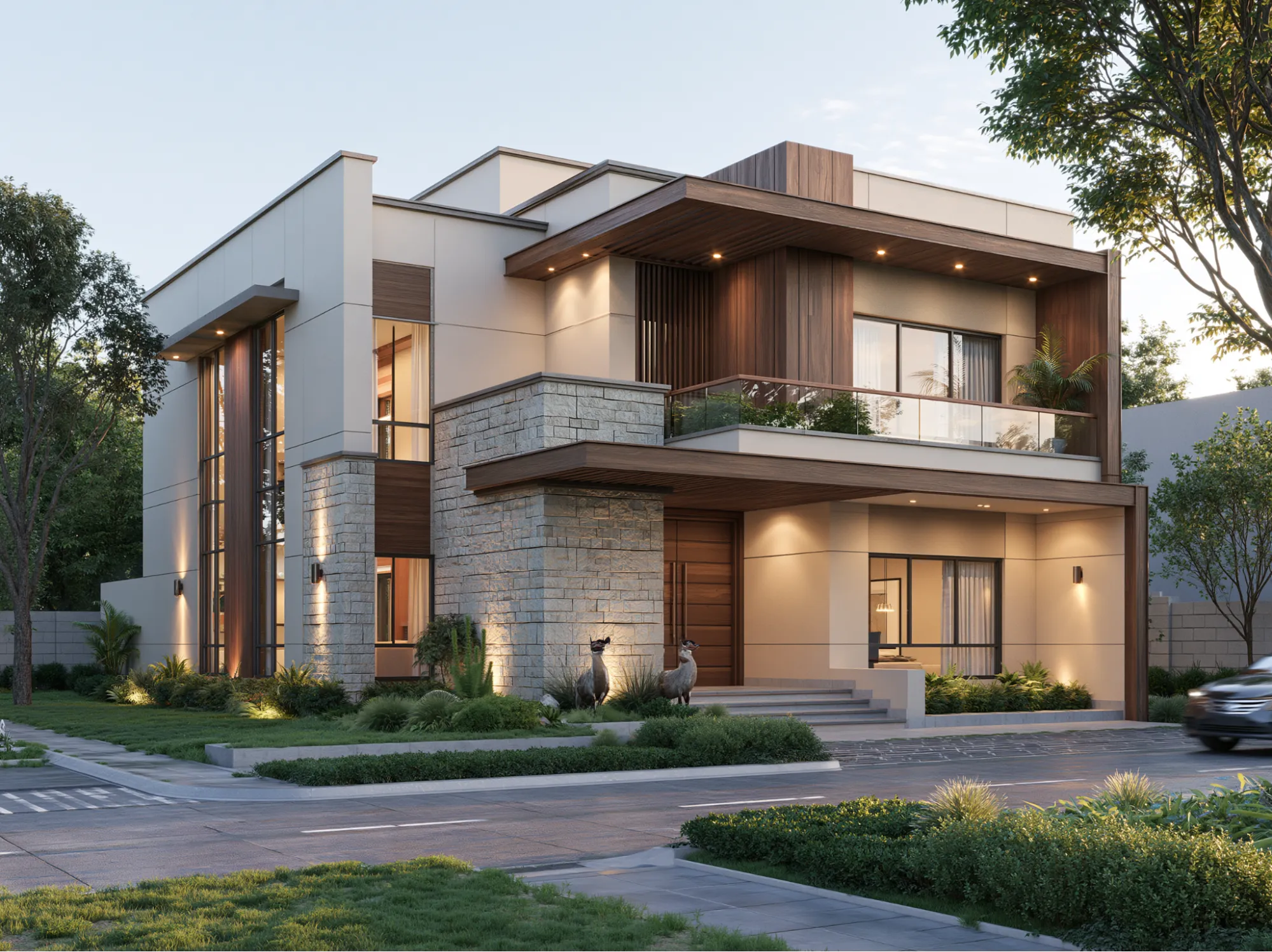 Beige and Wood Finish- Modern Double Floor House Front Elevation Colour Combination
