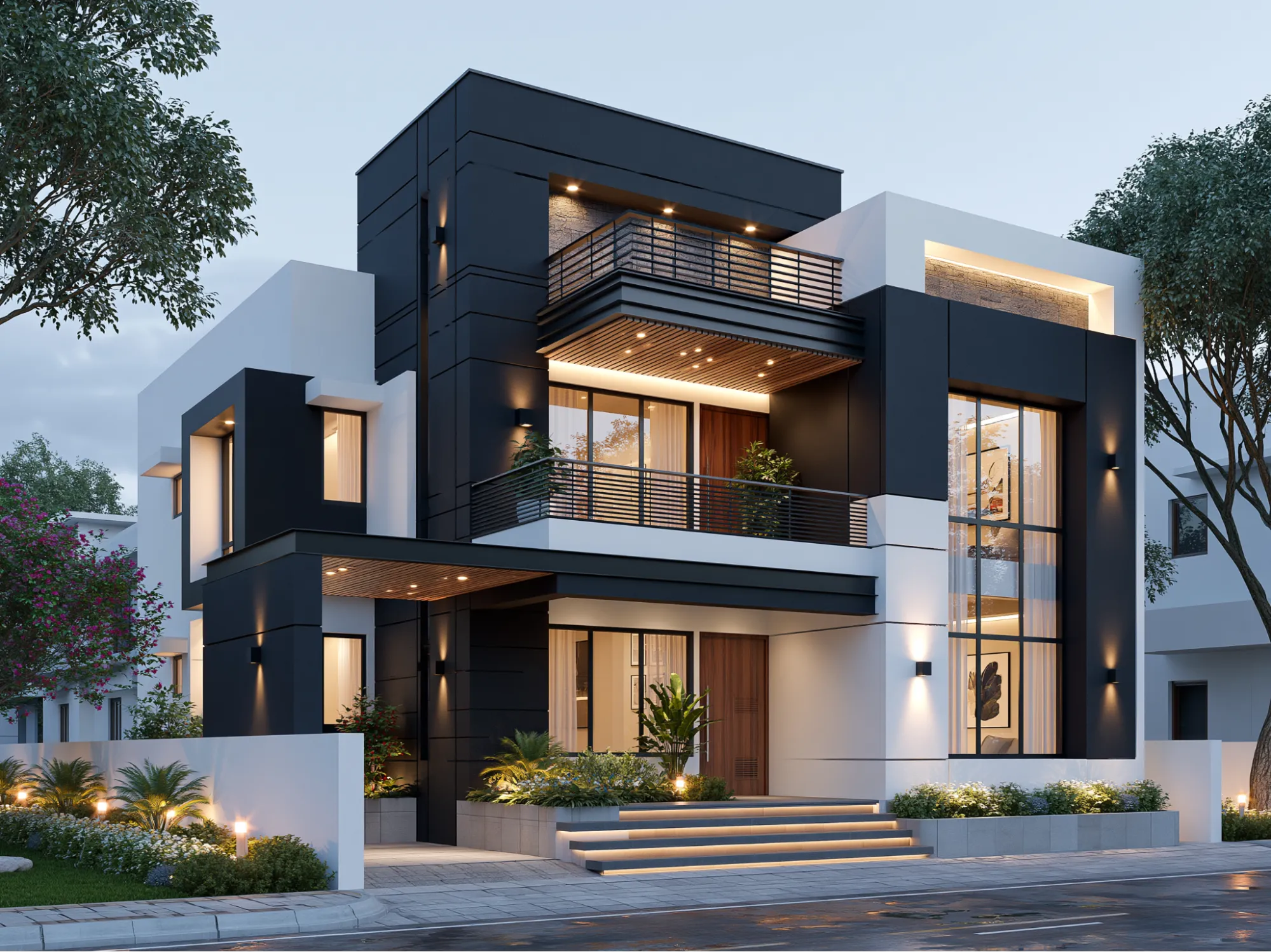 Black and White- Modern Double Floor House Front Elevation Colour Combination