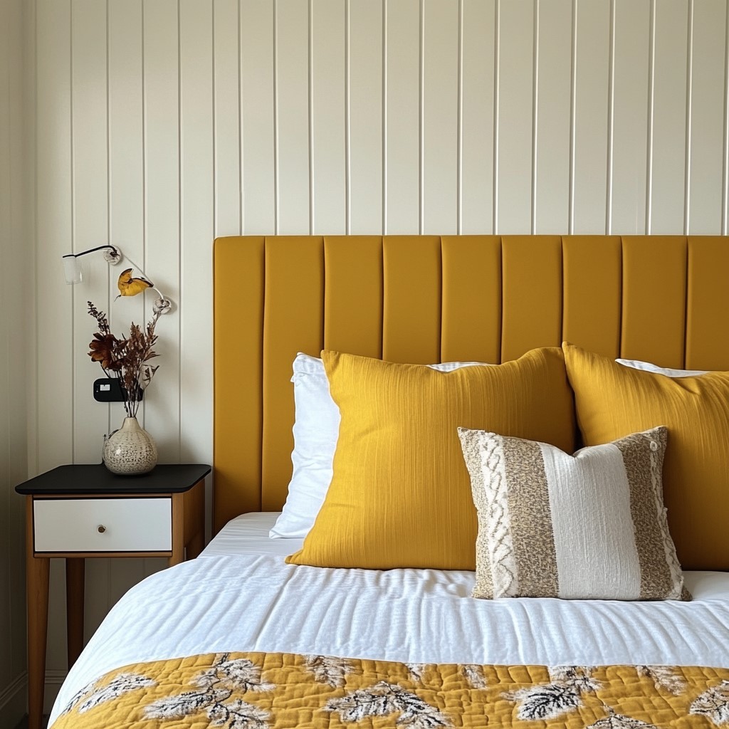 Wall Colour Designs for Bedroom: Bold Mustard Yellow and Clean White