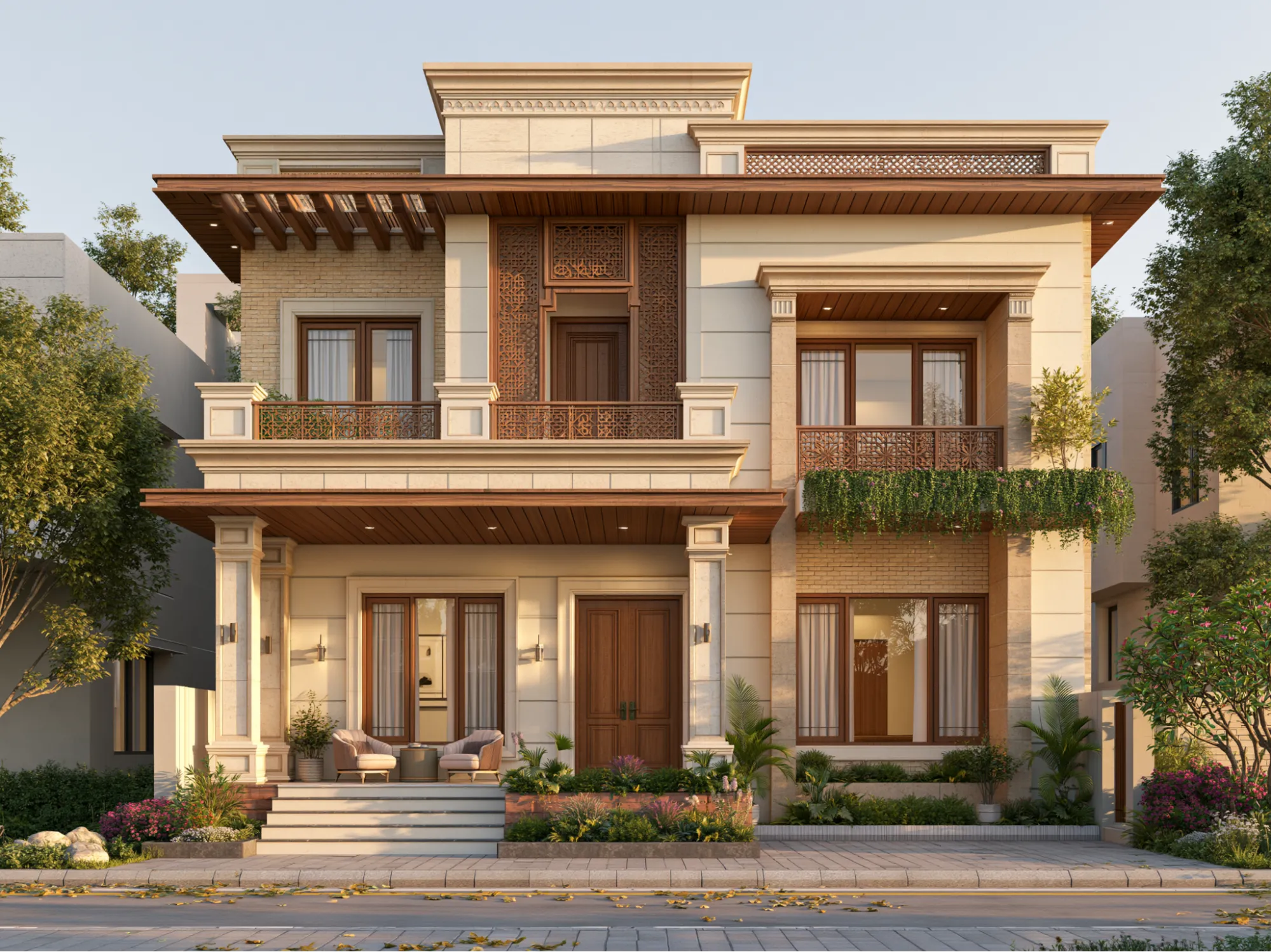 Cream and Brown- Modern Double Floor House Front Elevation Colour Combination