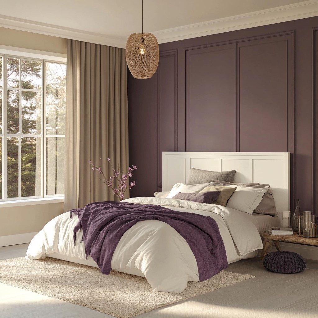 Crisp White And Plum Shade- Bedroom Colours