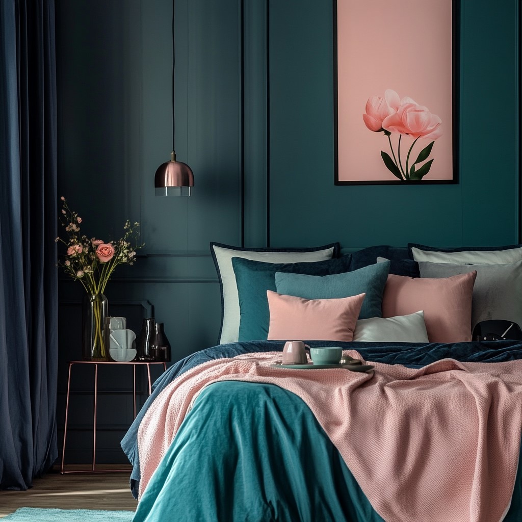 Colour for Bedroom Walls: Deep Teal and Dusty Pink