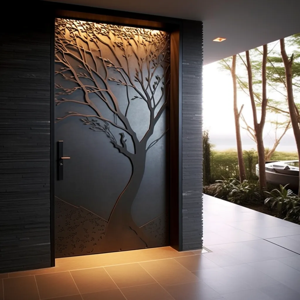 Designer Steel Door Design with Tree-inspired Metalwork