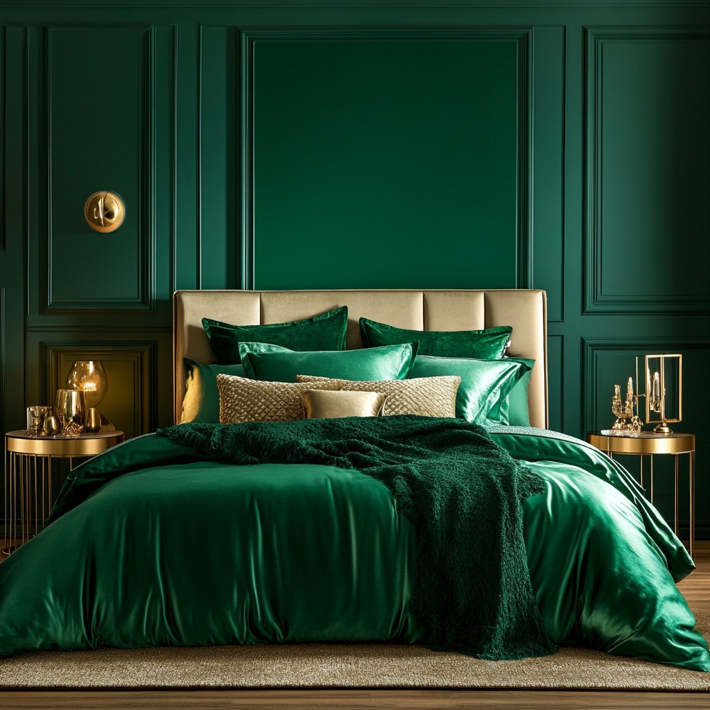 Interior Colour for Bedroom: Emerald Green and Warm Gold