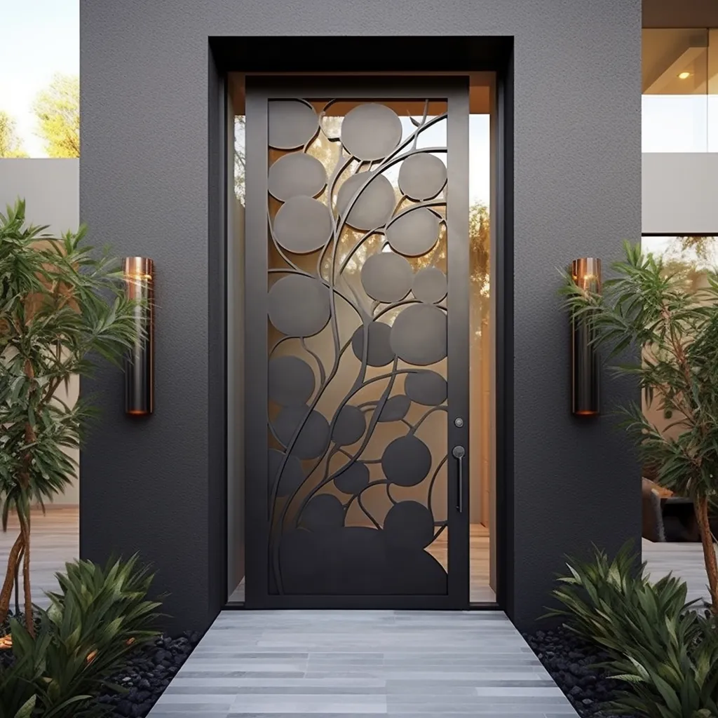 Hollow Steel Main Door Design featuring Ornamental Metal Patterns