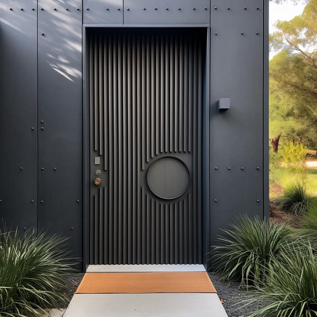 Industrial-modern Corrugated Steel Main Door Design with Textured Metal Panels