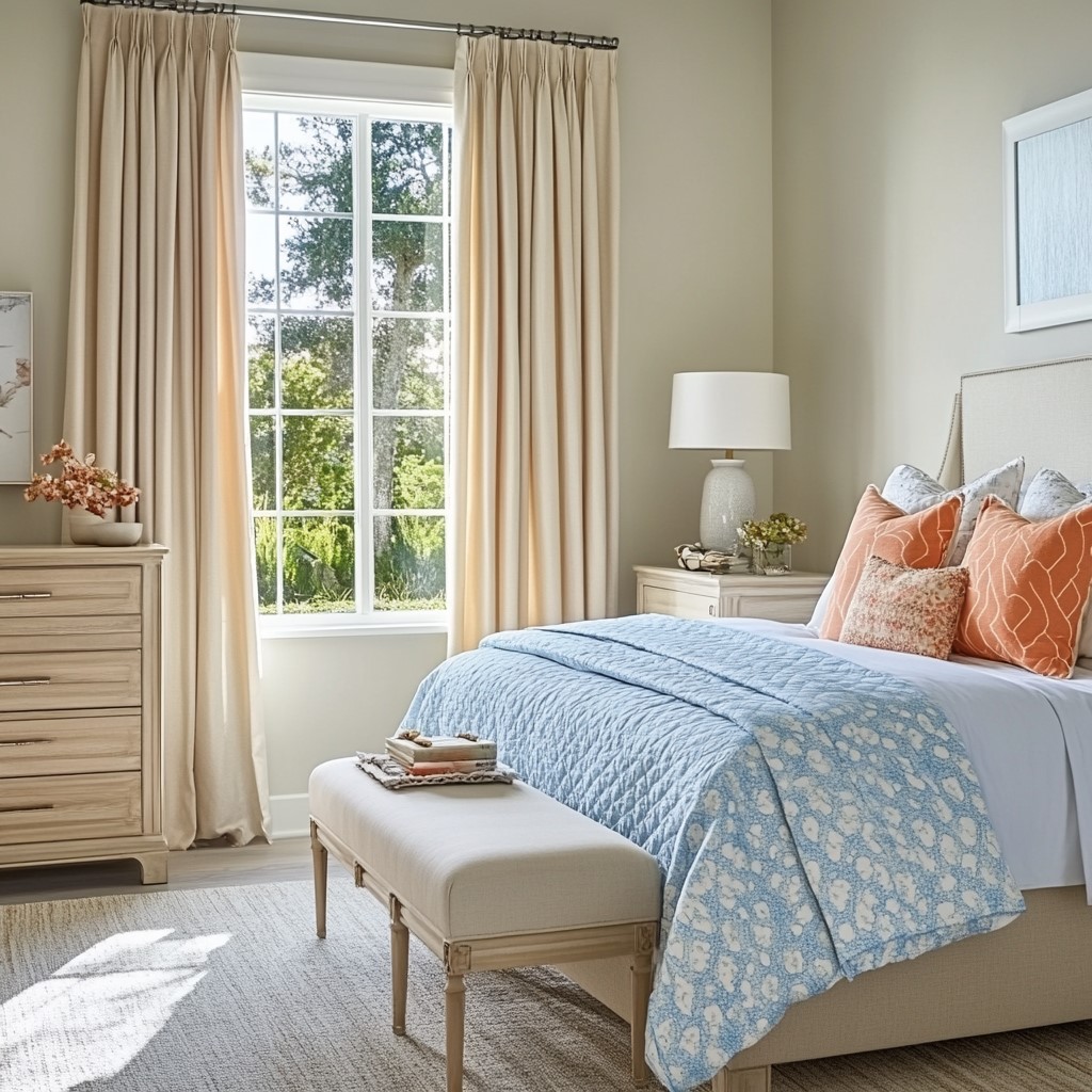 Colour Suggestions for Bedroom: Light Beige with Coral Accents