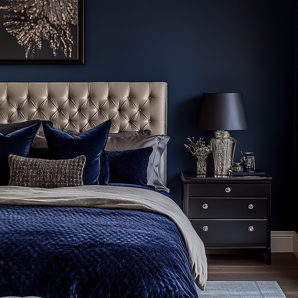 Paint Shades for Bedroom: Midnight Blue Paired with Pale Beige