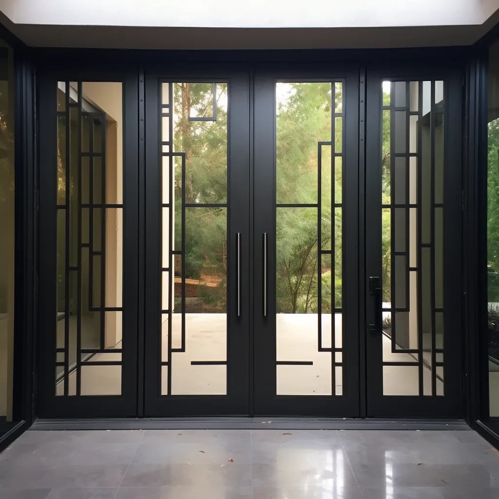 Modern Black Steel Double Door Design Featuring Geometric Metal Grill Patterns and Glass Panels