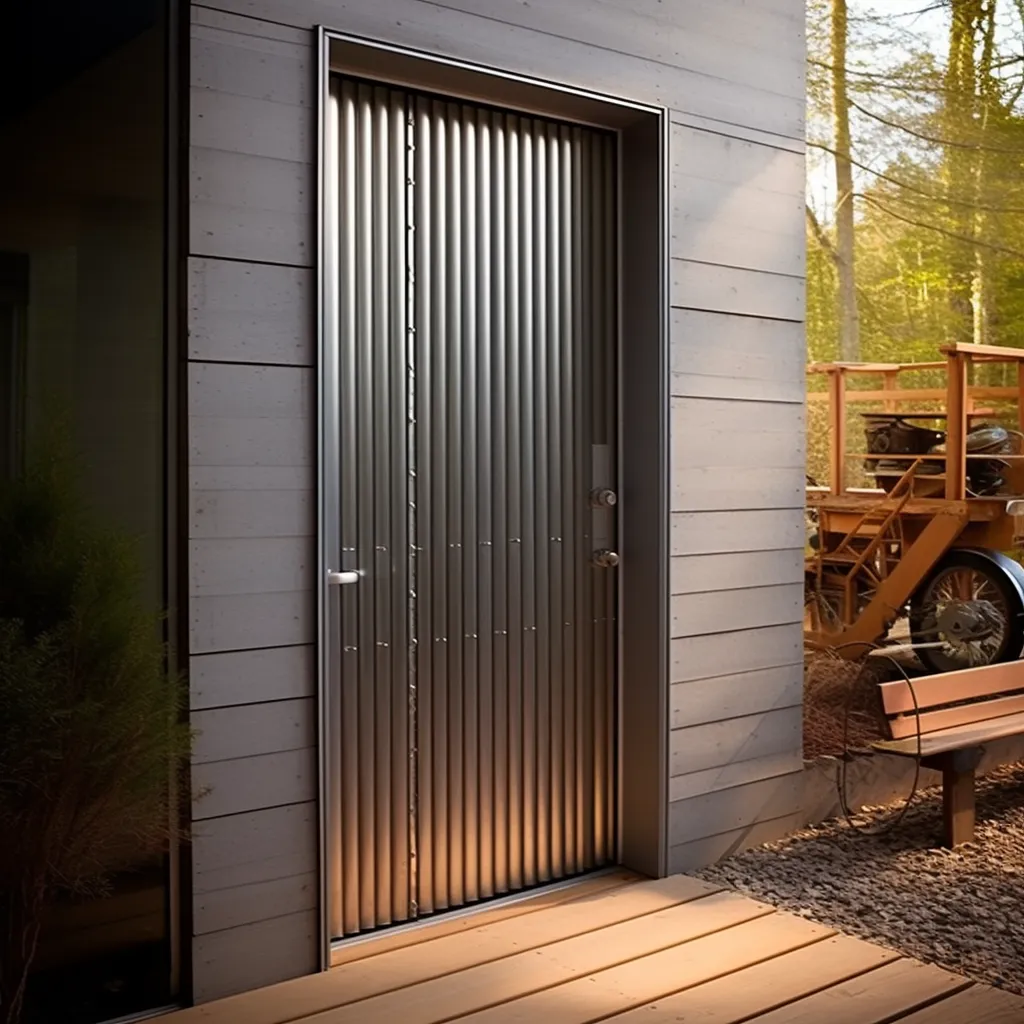 Modern Corrugated Steel Main Door Design with Ribbed Metal Panels
