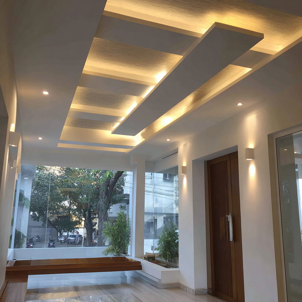 Modern POP-Plus-Minus Porch Design- Layered Ceilings with Lights