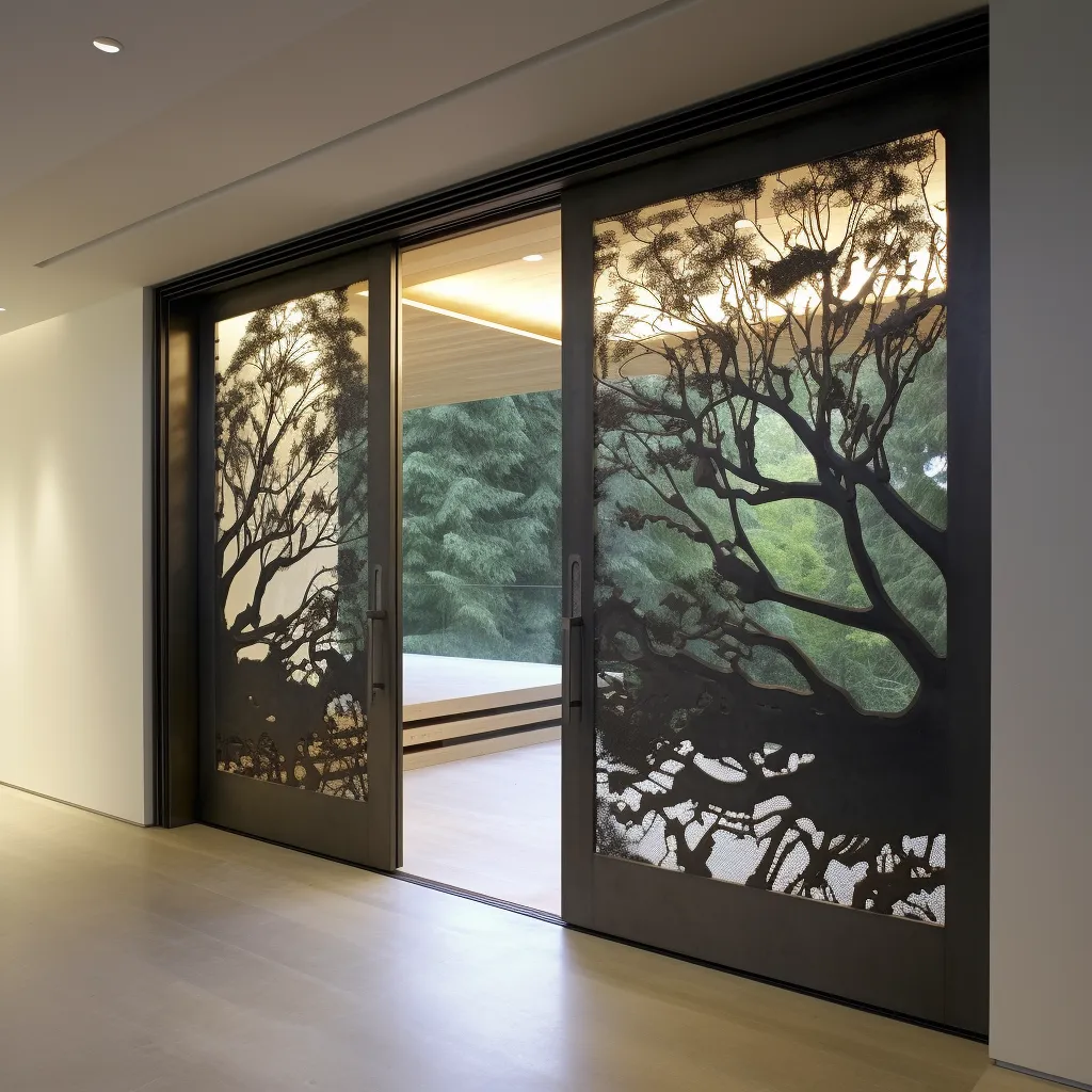 Modern Sliding Metal Door Design with Abstract Metal Artwork