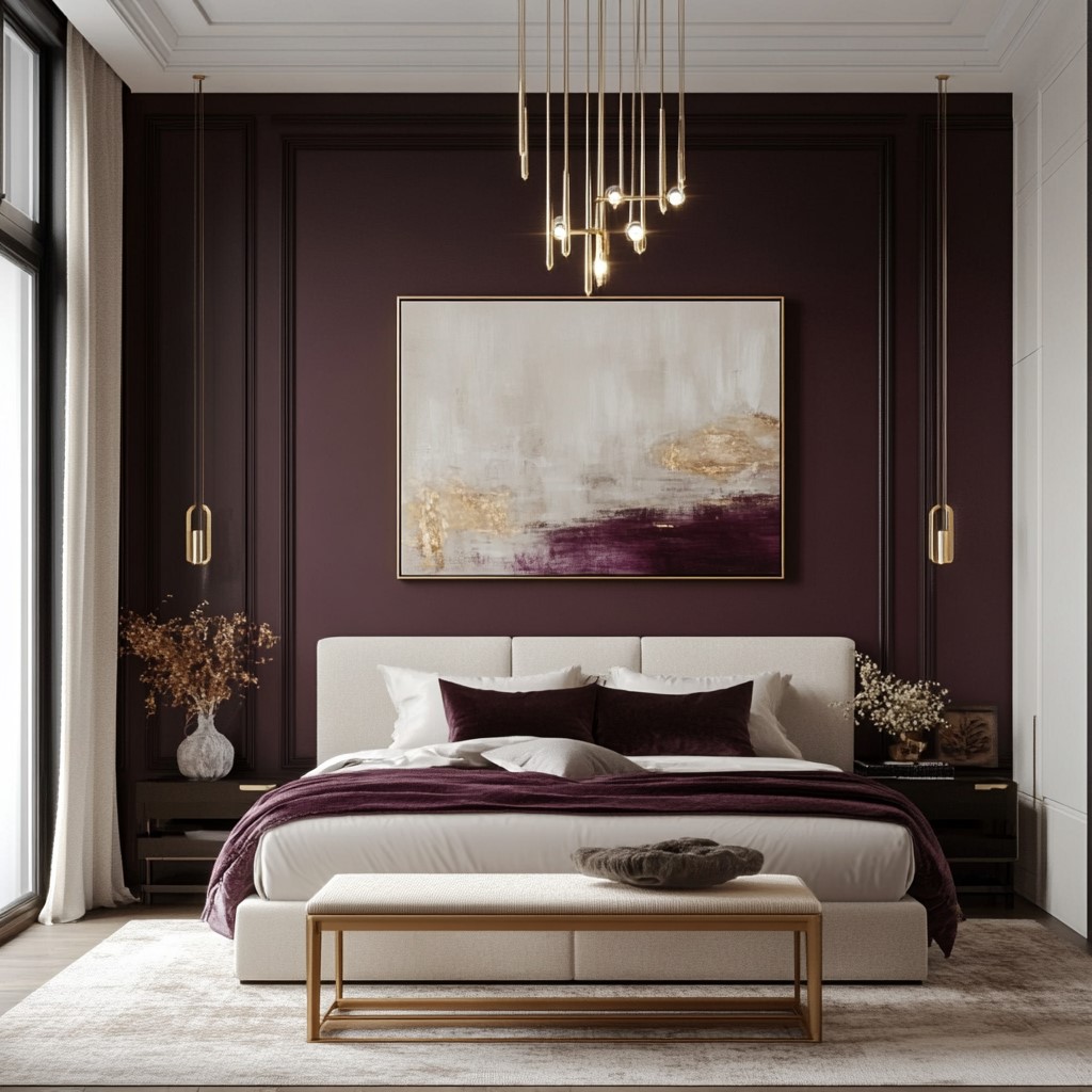 Wall Colour Designs for Bedroom: Plum and Cream Accents