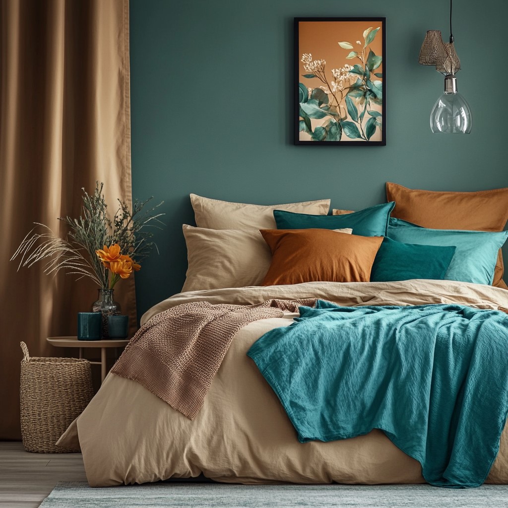 Wall Colour Designs for Bedroom: Rusty Beige and Teal Highlights