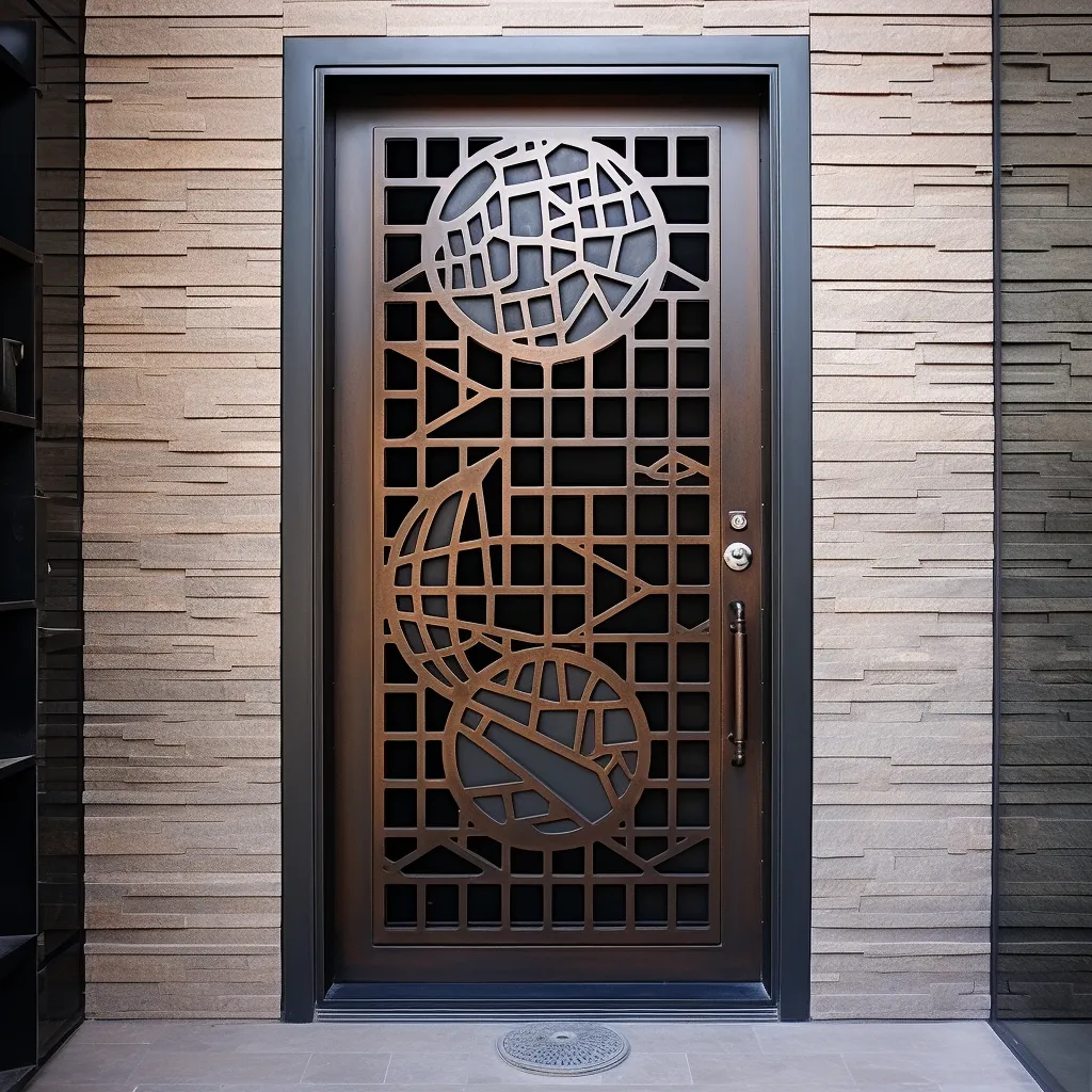 Steel Front Door Design Featuring Decorative Grill Pattern