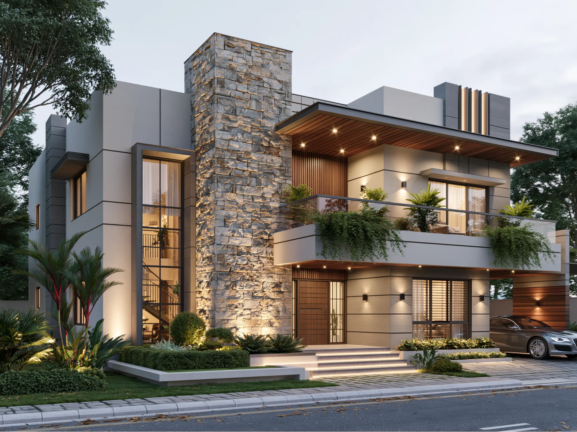 Stone-Clad Feature Wall- Double Height Front Elevation Design Elements
