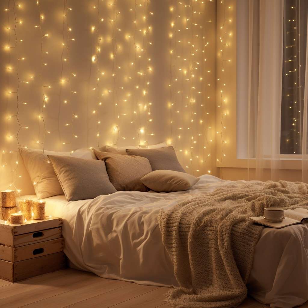 String Some Lights - Modern Bedroom Bed Back Wall Design