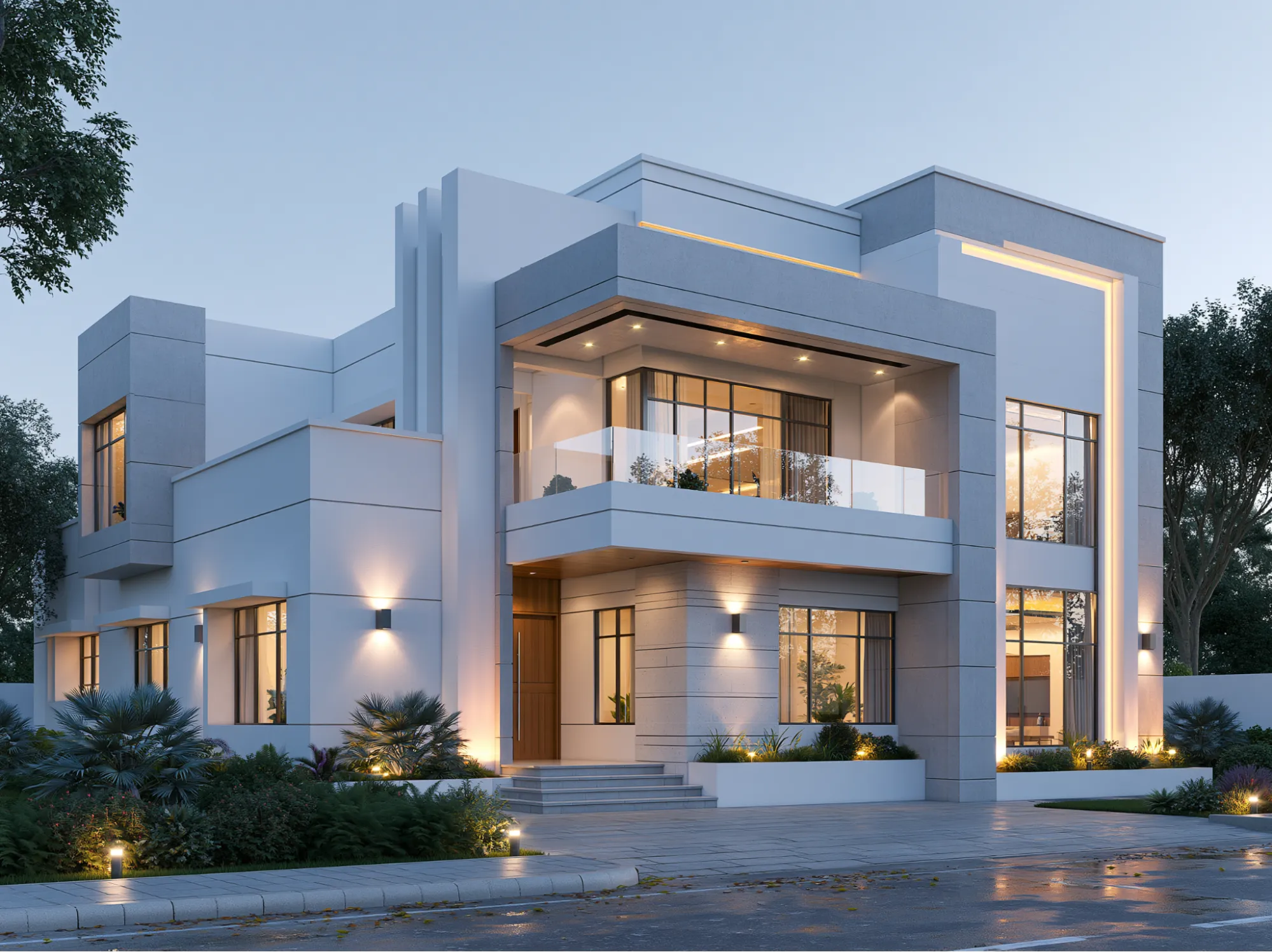 White and Grey- Modern Double Floor House Front Elevation Colour Combination