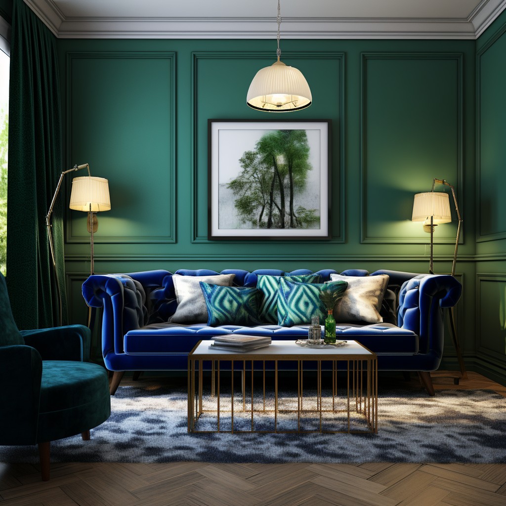 Elegant Jewel Tones: Sapphire Blue and Emerald Green - Sofa Colour Combination