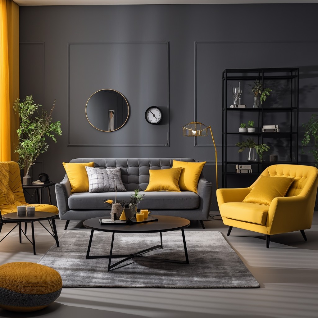Urban Chic: Charcoal Gray and Mustard Yellow - Wooden Sofa Colour Combinations
