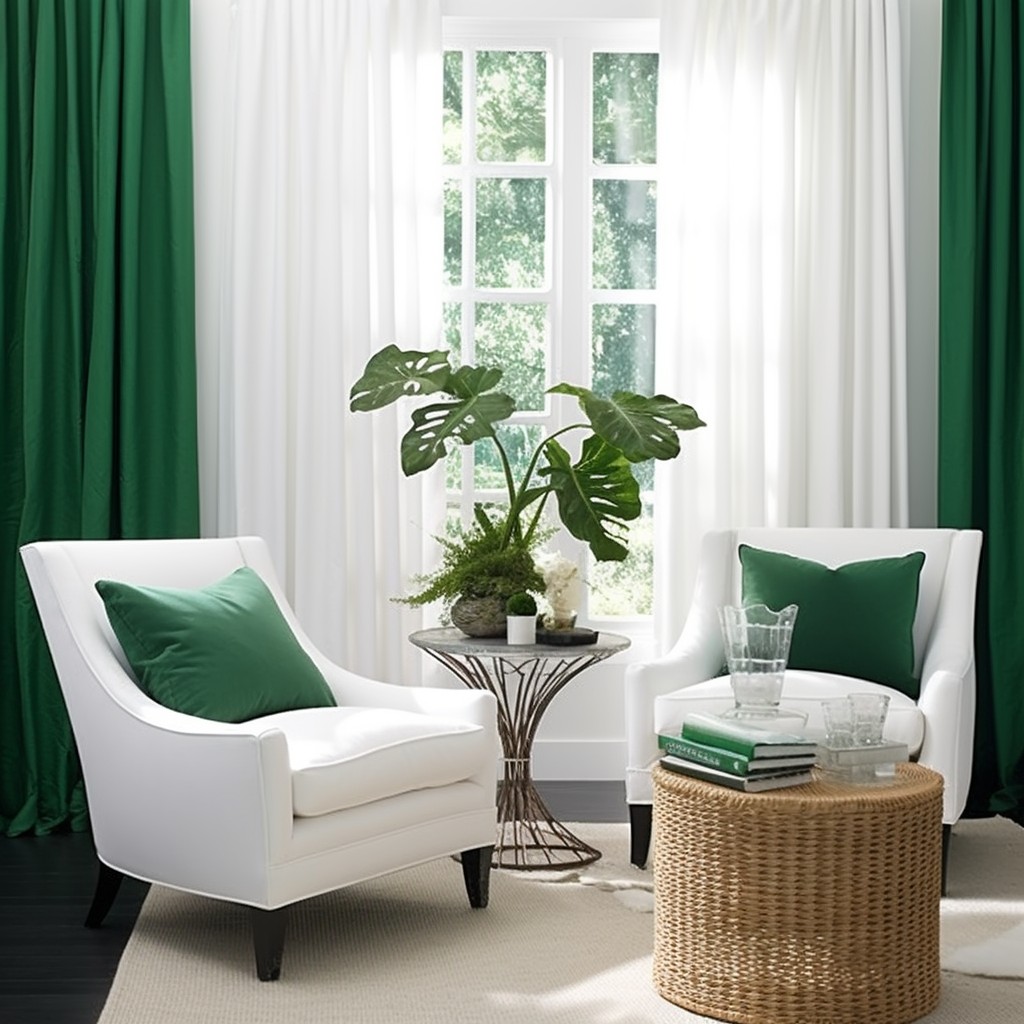 Crisp White and Bold Emerald Green - Curtain And Sofa Color Combination