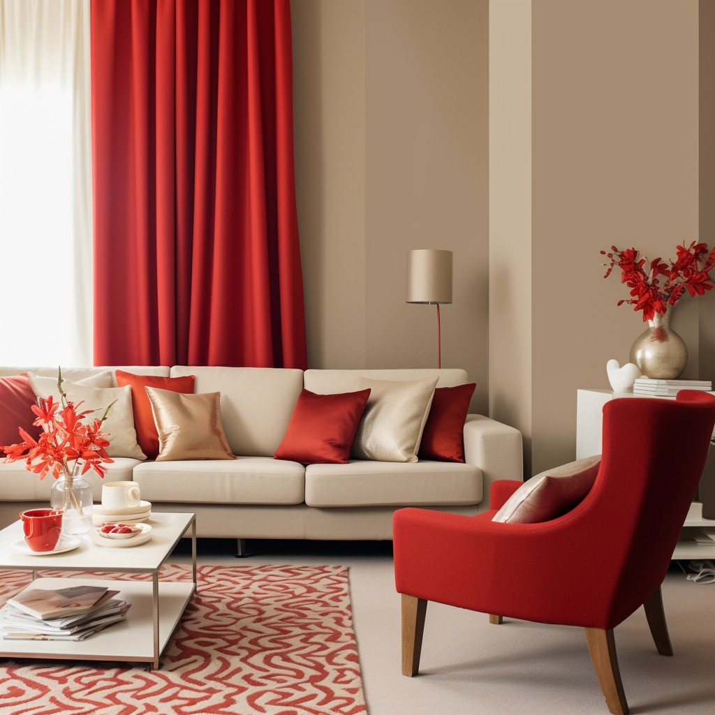 Fiery Red and Taupe - Curtain Colour Combination Wall