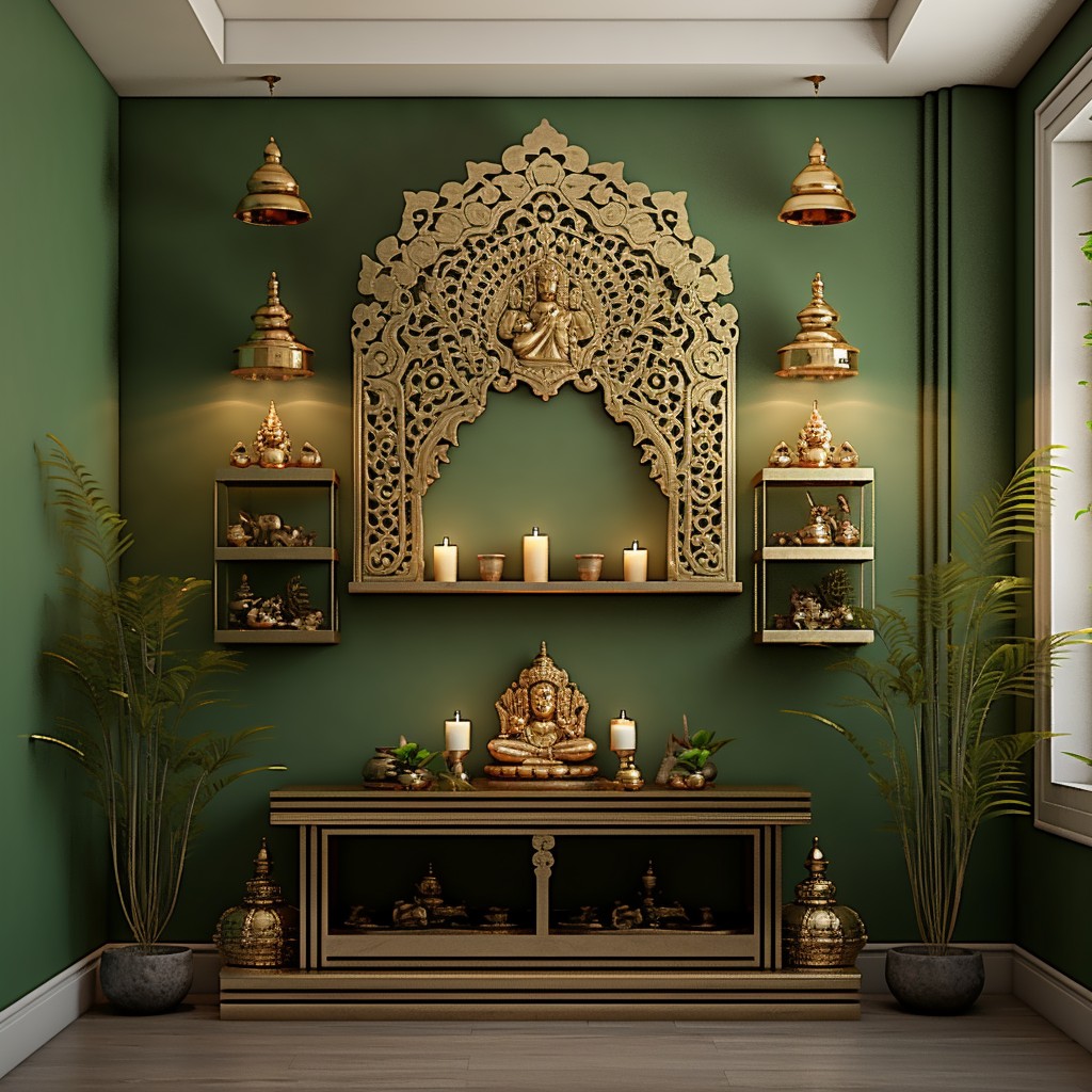 Green and Gold Mandir Colour Combination for Home
