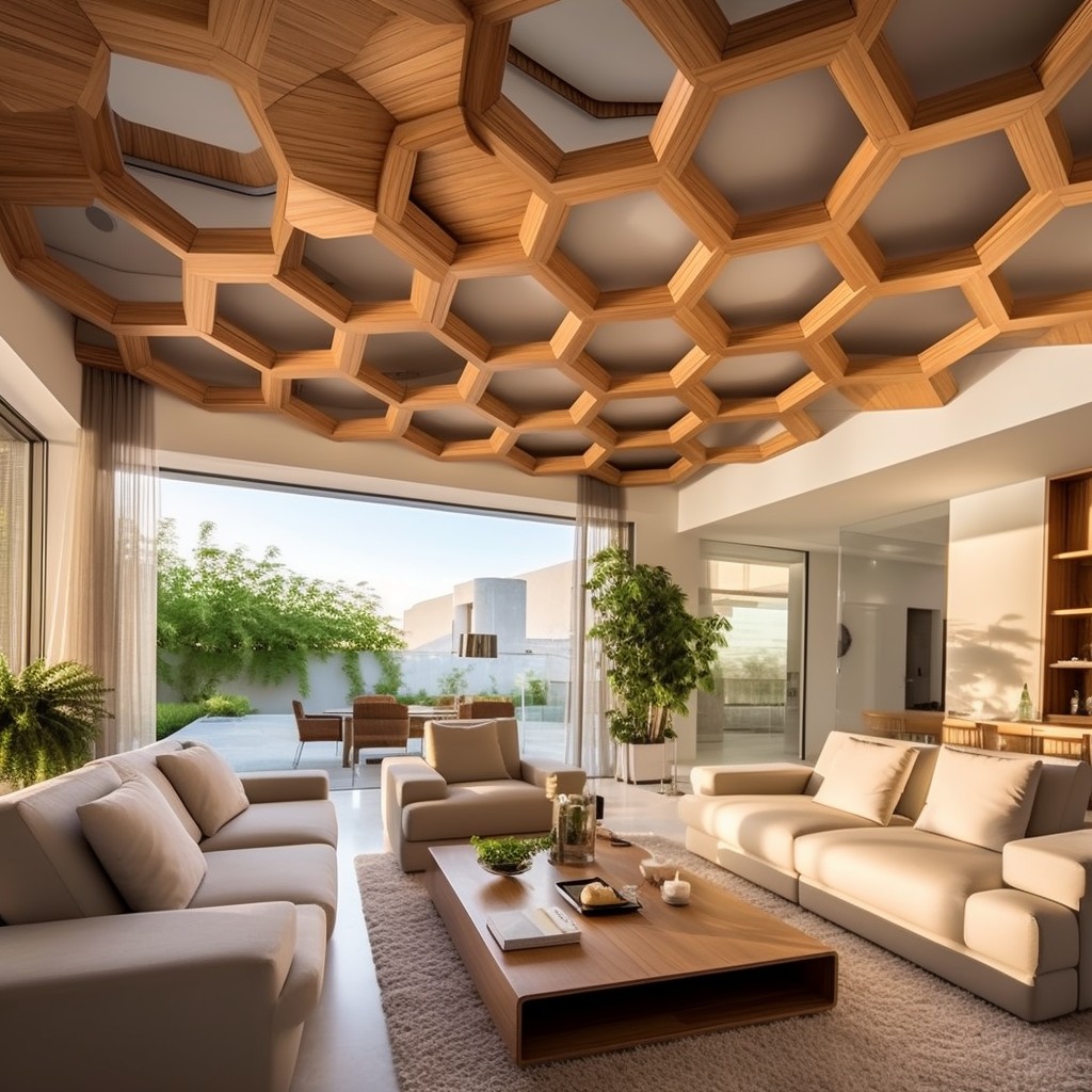 Hexagonal Honeycomb  - Simple Wooden Ceiling Design For Living Room