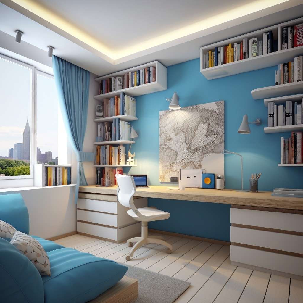 White And Blue Study Room Wall Paint