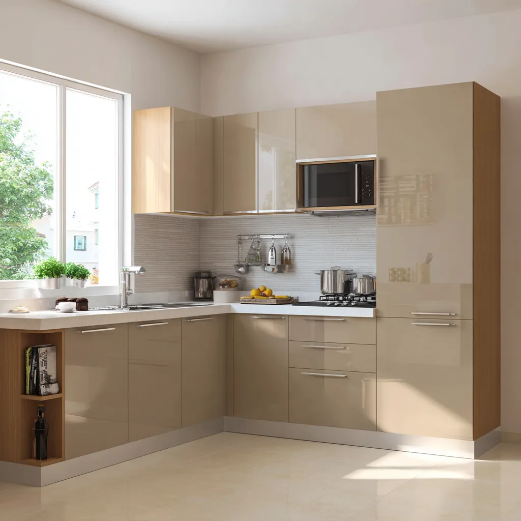 Beige and Gloss Finish Small Kitchen Colour Combination