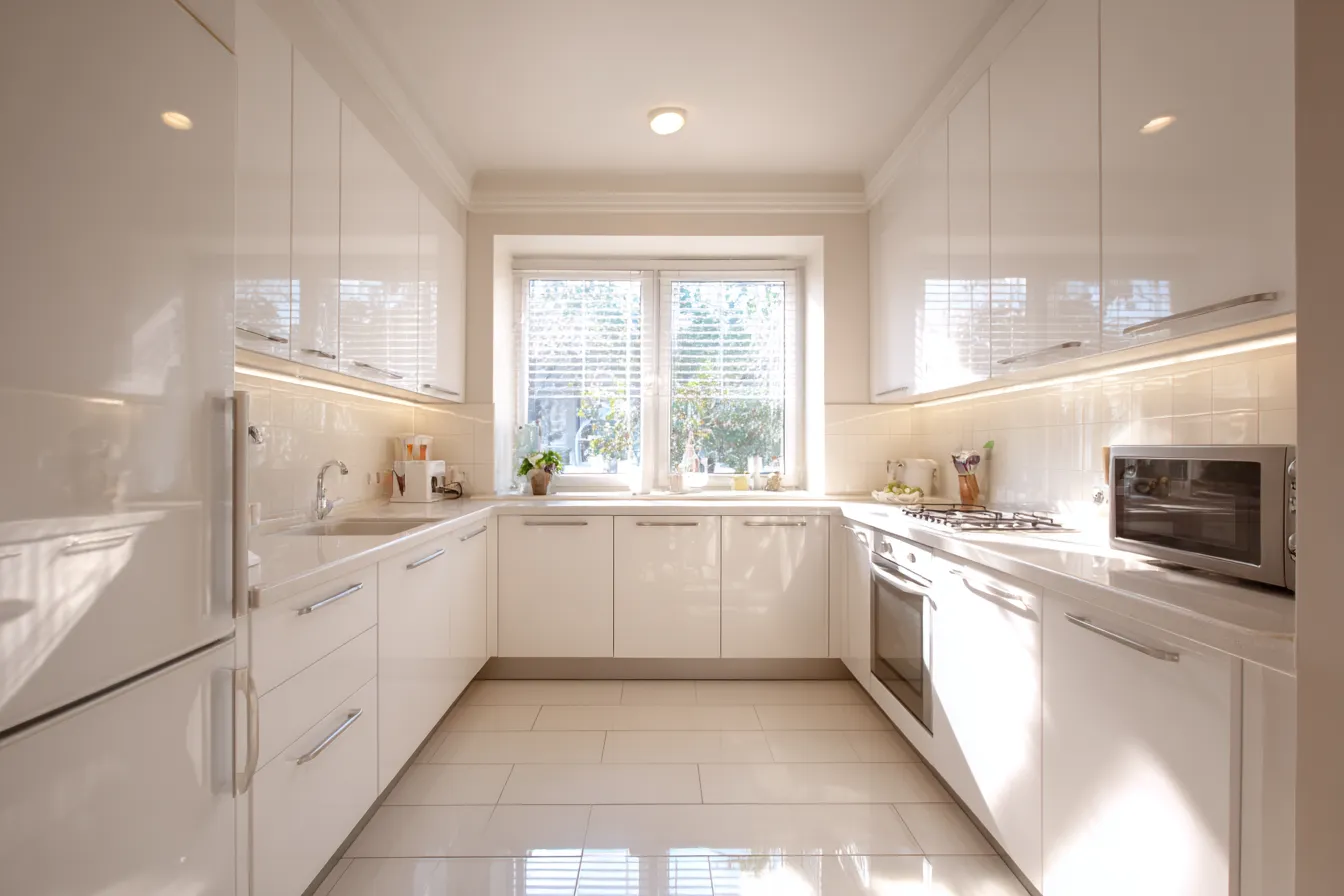 Choose High-Gloss Finishes for small kitchen Choose High-Gloss Finishes- kitchen design for small room