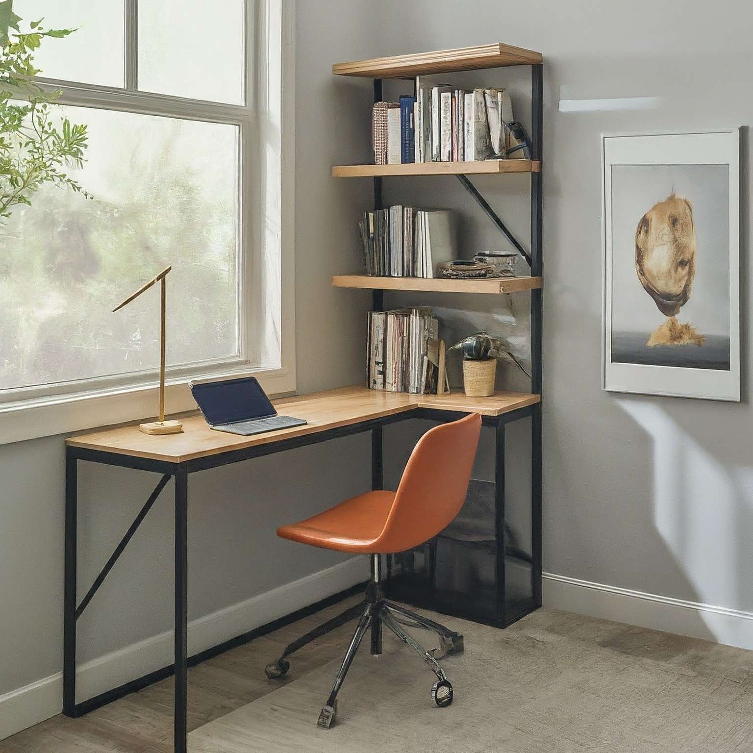 Corner Study Desk with Integrated Bookshelf Design