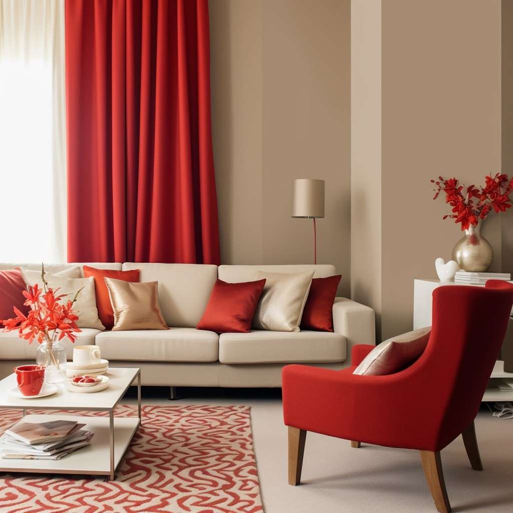 Fiery Red and Taupe Curtain Color Combination