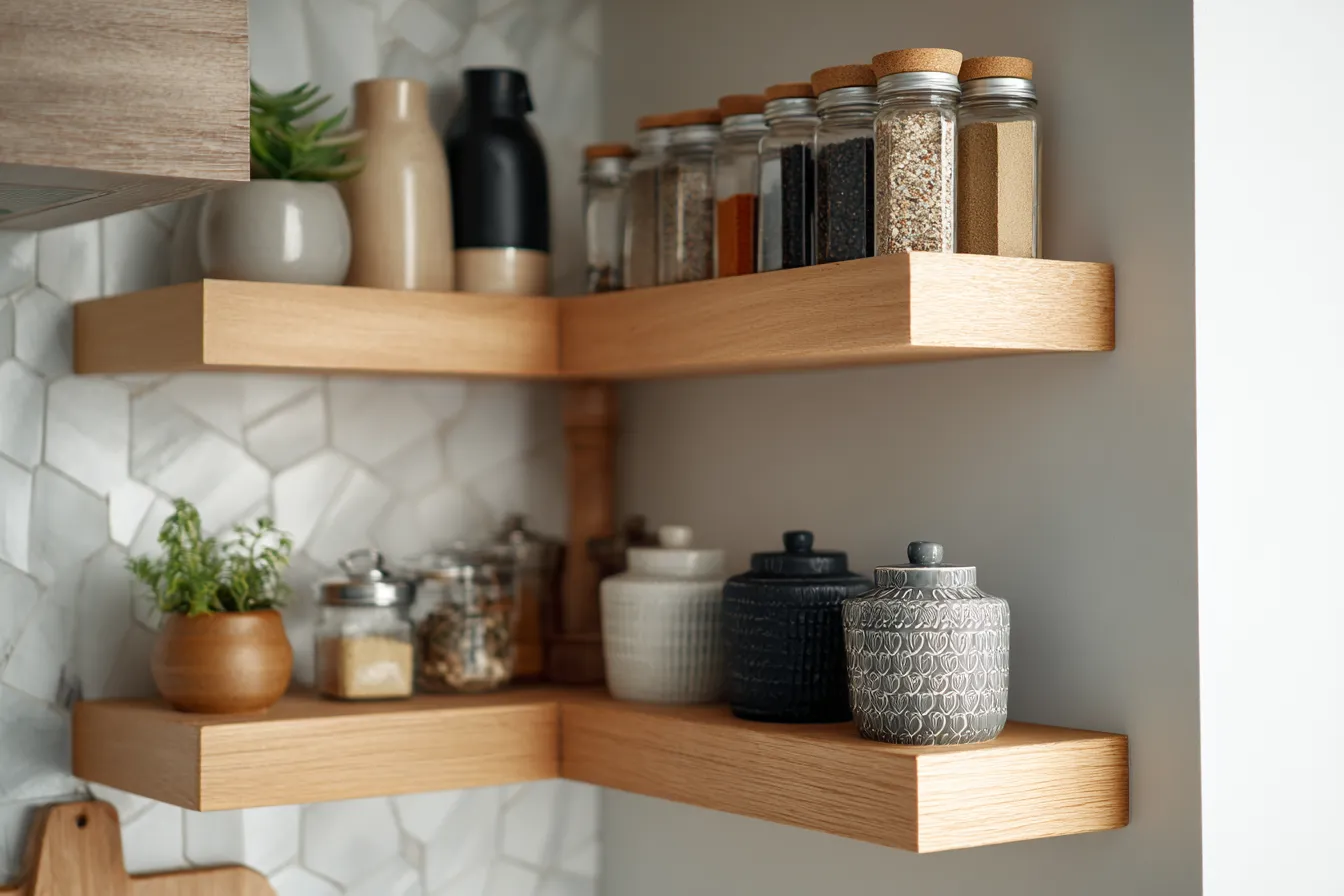 Utilise Corners with Floating Corner Shelves in small kitchen Floating Corner Shelves- tiny kitchen design
