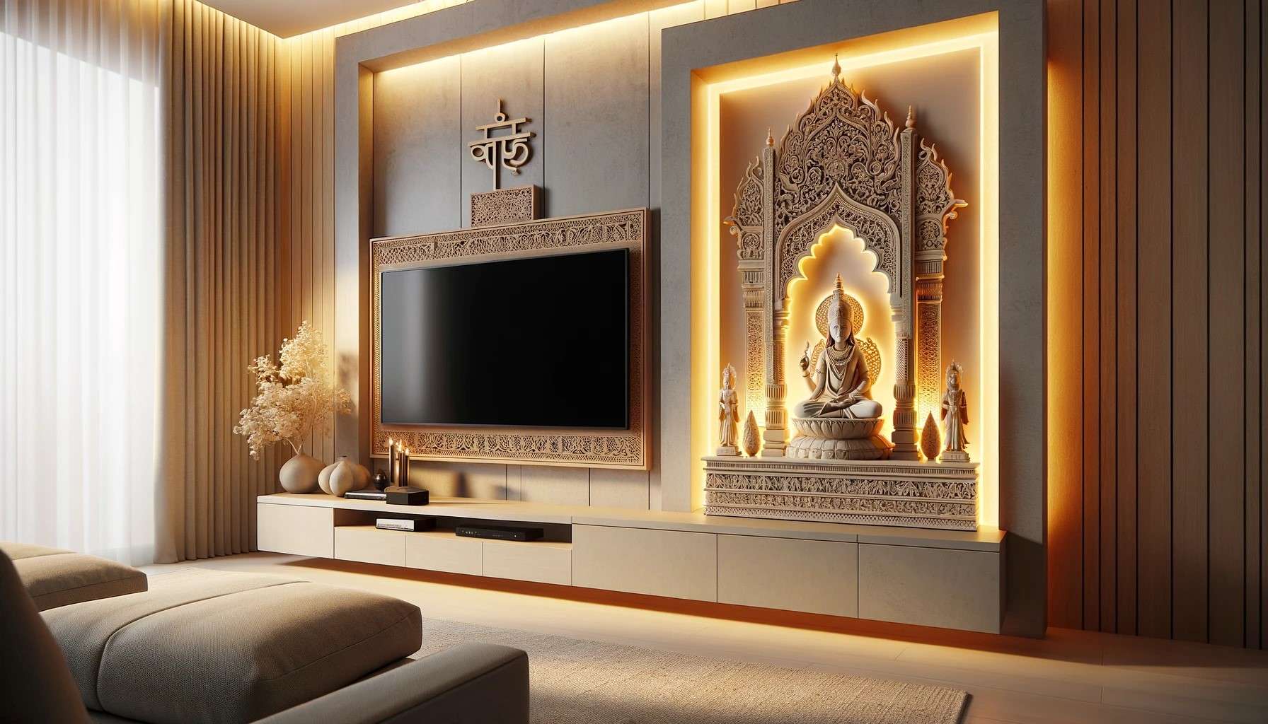 Floor-to-Ceiling TV Unit with Pooja Room Design
