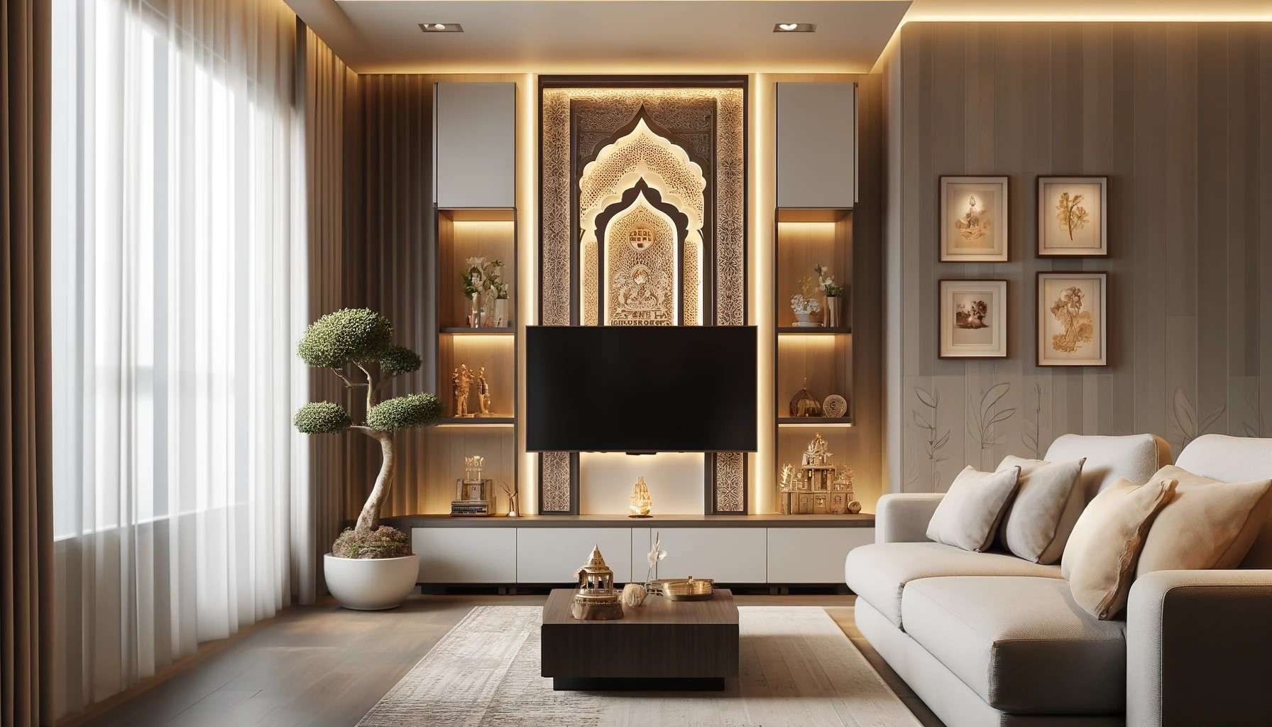 Glass-Enclosed Mandir with TV Cabinet