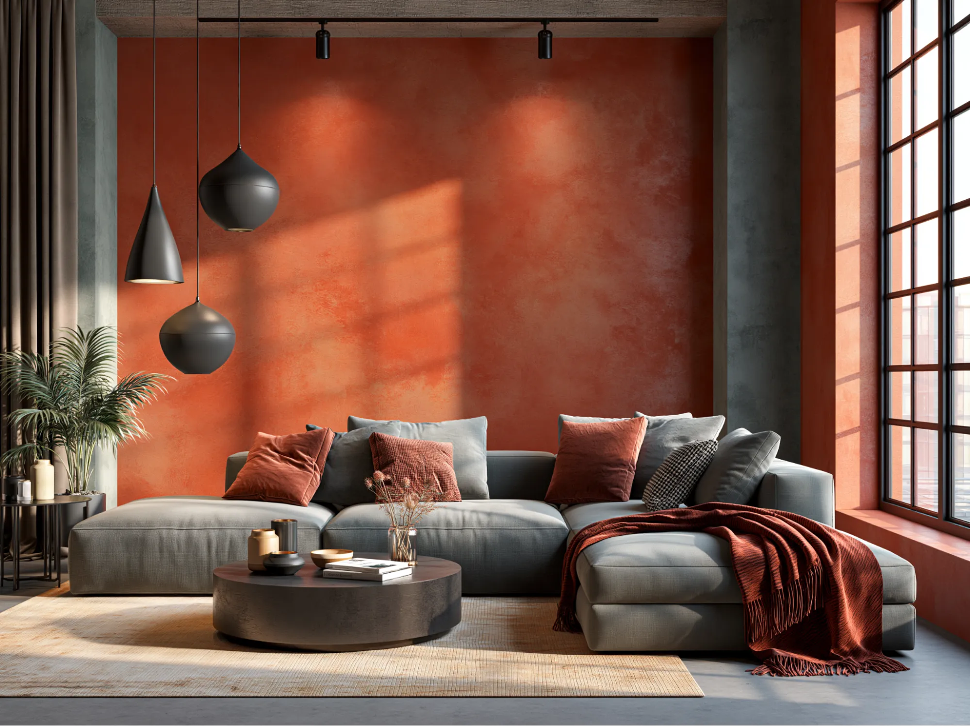Grey and Orange Colour Combination for Living Room