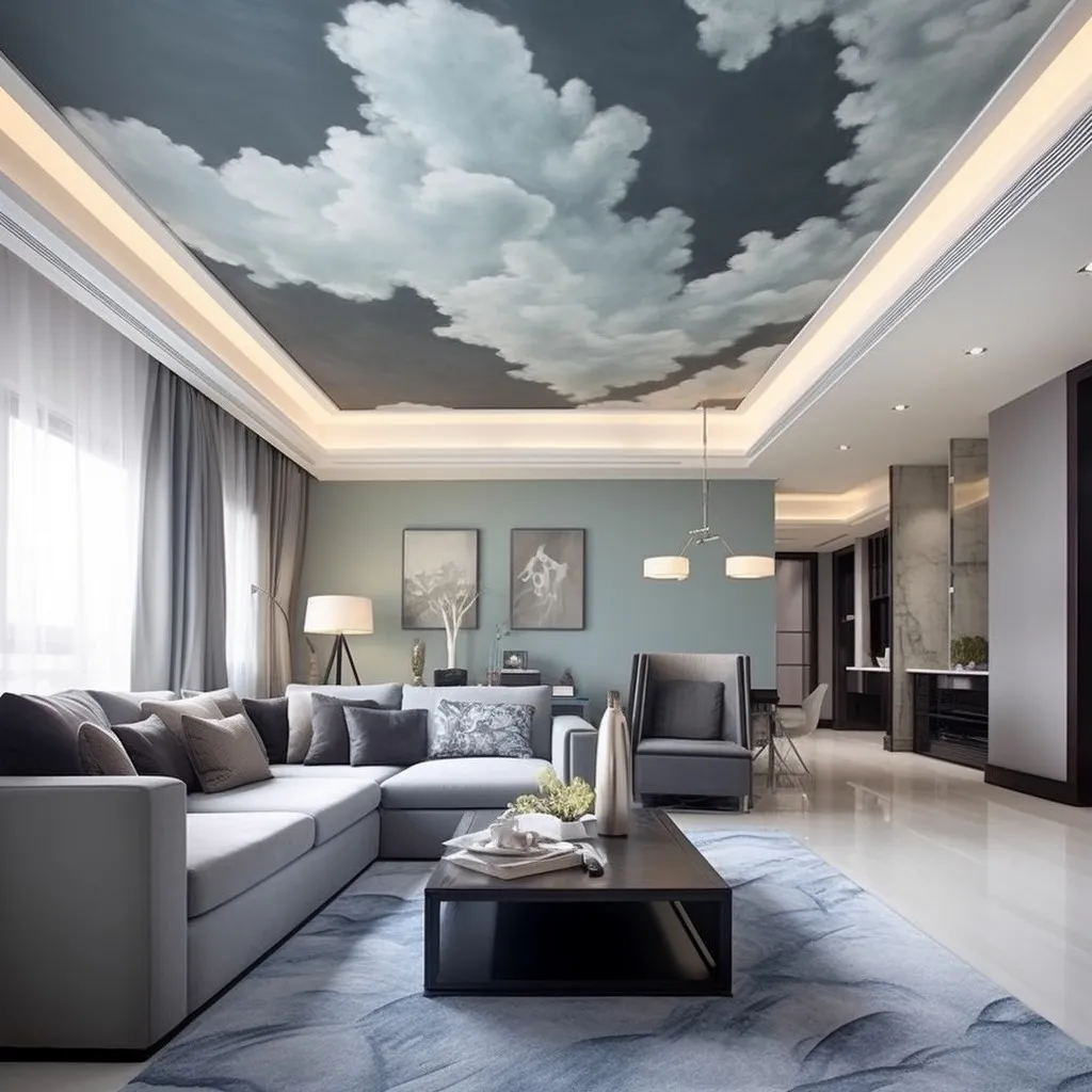 Grey Ceiling Painting for Modern Classic Grey and White Living Room