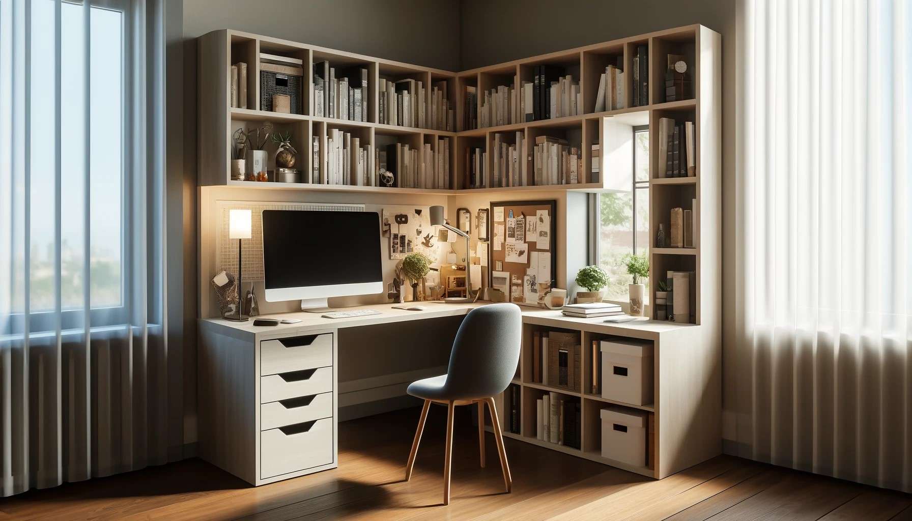 L-Shaped Study Table with a Bookshelf Design