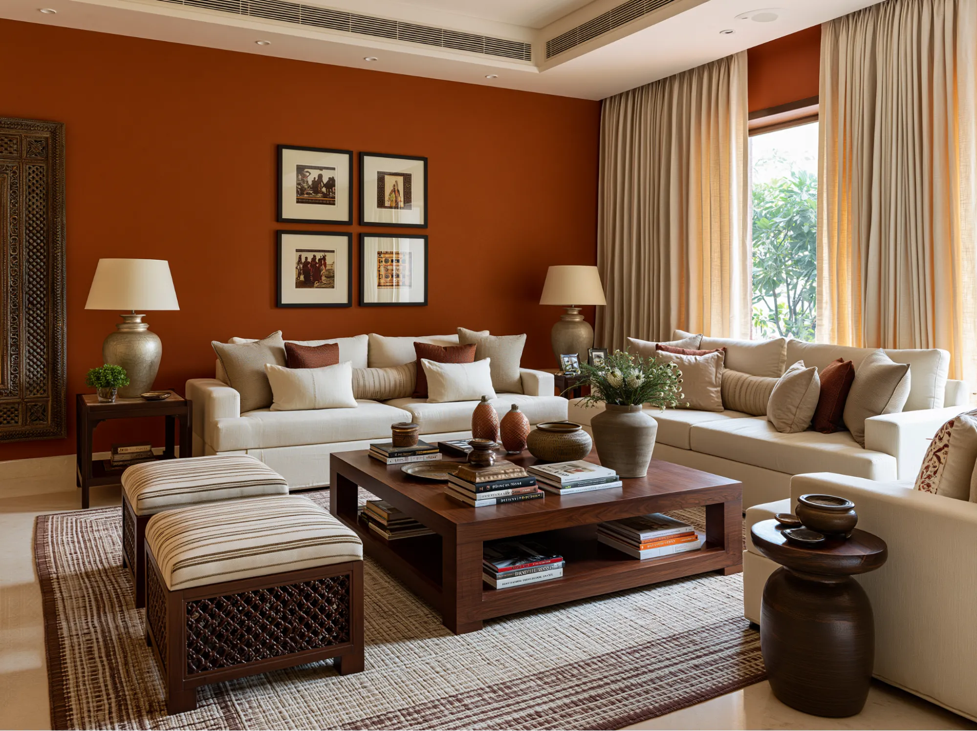 Living Room Burnt Orange Colour Combination with Cream and Wood Tones