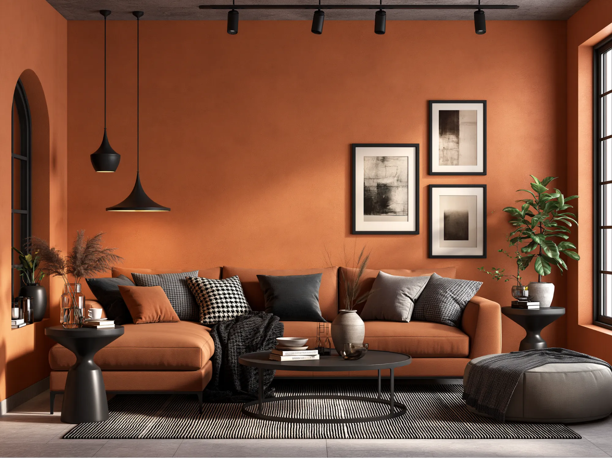 Living Room Orange Colour Combination with Black Accents