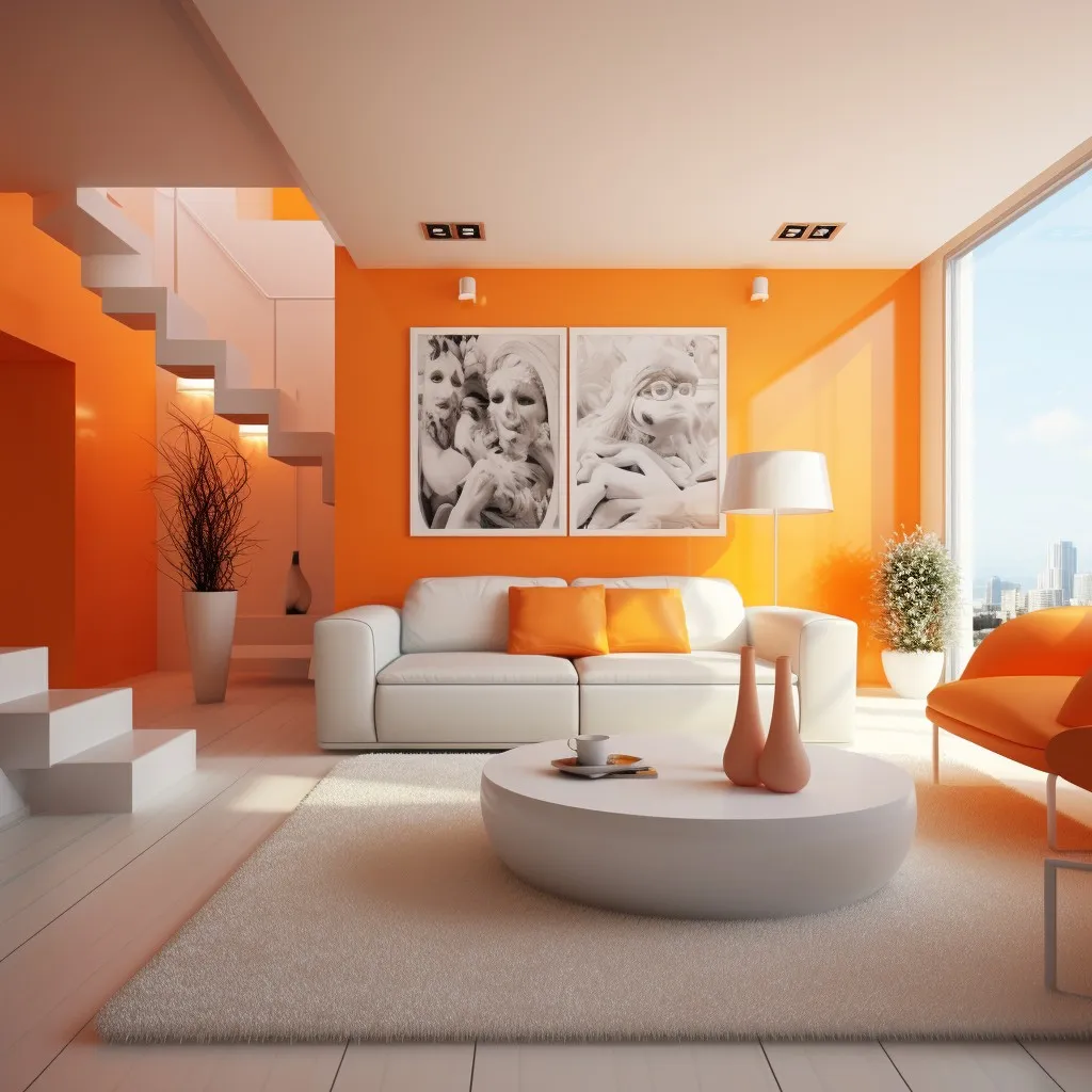 Living Room Orange Colour Combination with White Canvas