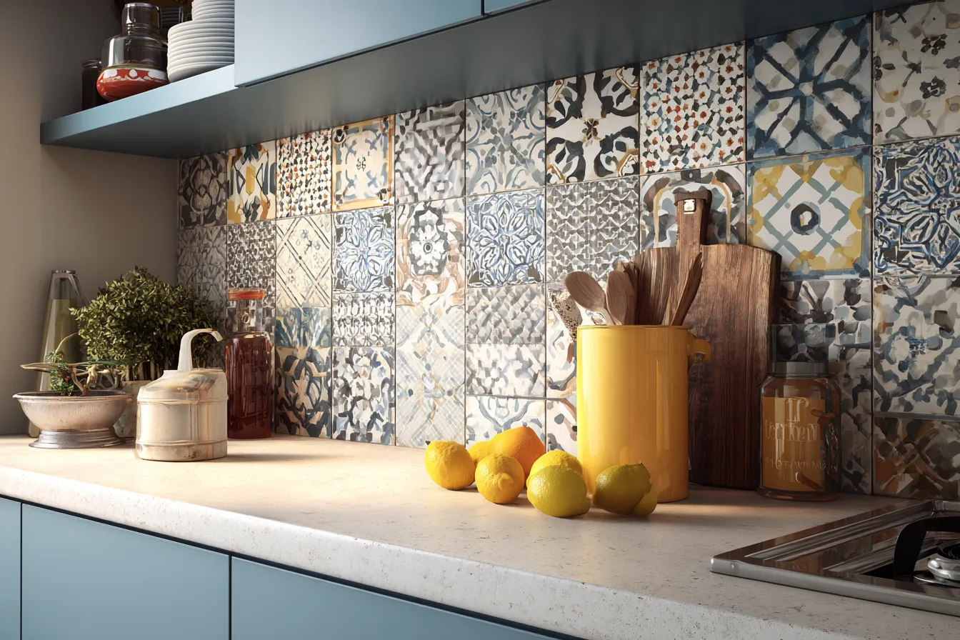 Make a Feature Wall with Bold Tiles in small kitchen Make a Feature Wall with Bold Tiles- tiny kitchen renovation ideas