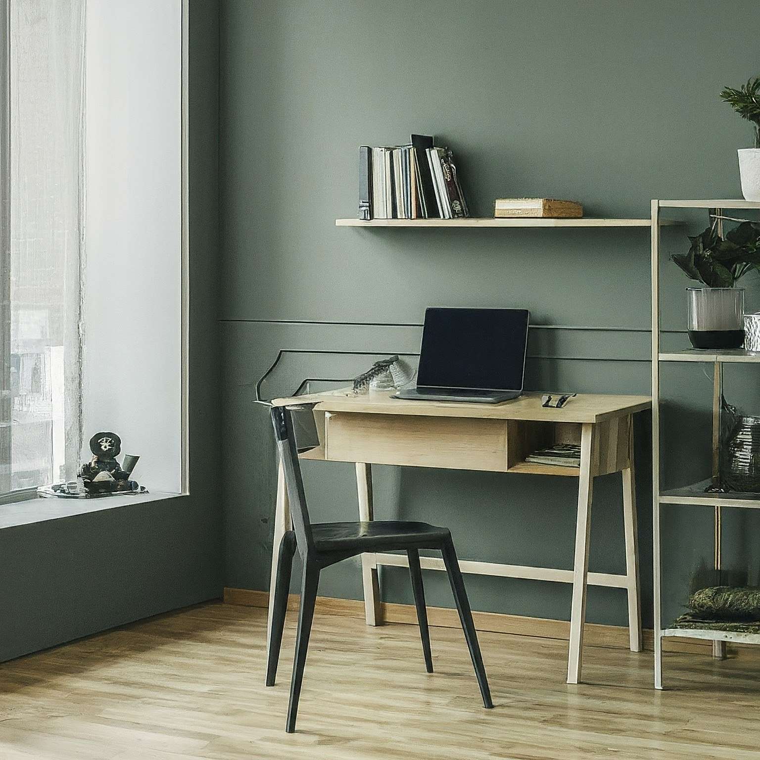 Minimalist Study Desk with Bookshelf Design