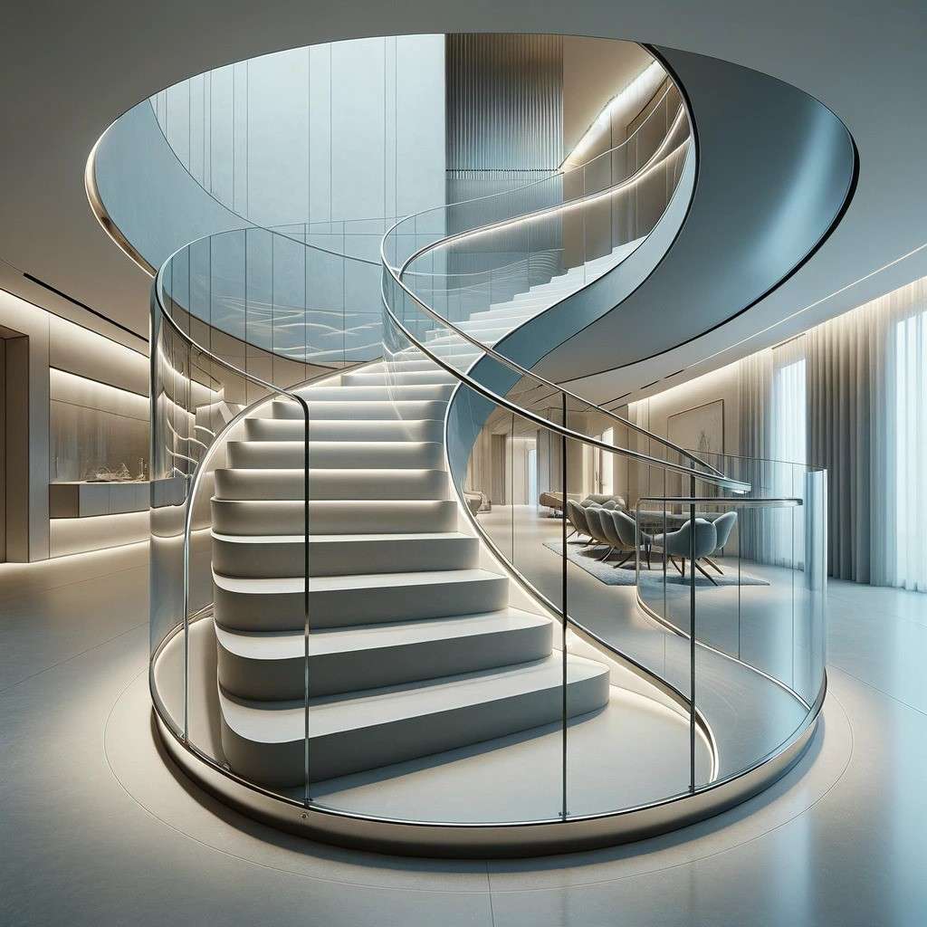 Modern Curved Glass Railing Design for Stairs