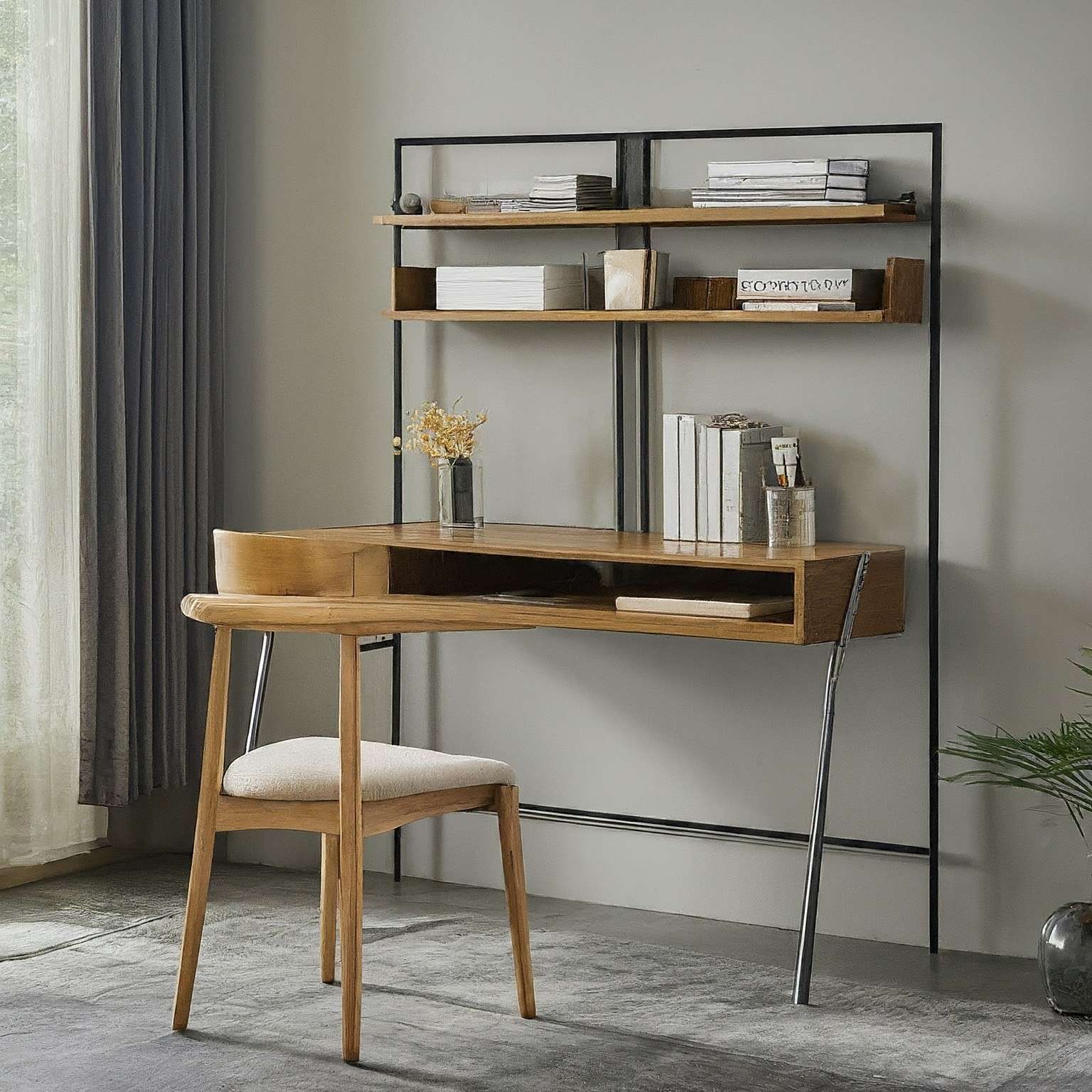 Modern Study Table with Integrated Bookshelf Design