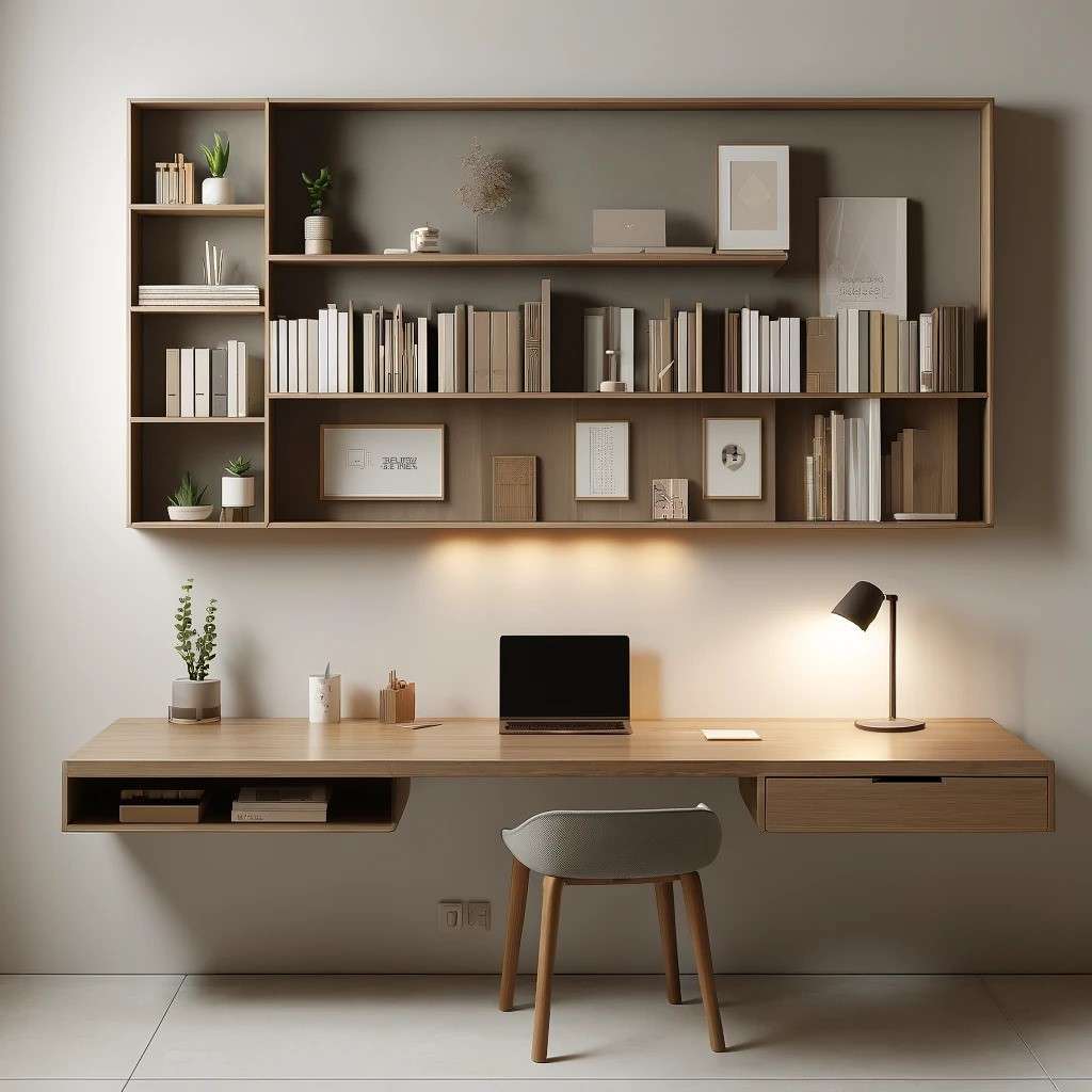 Modern Wall-Mounted Study Table with Integrated Bookshelf Design