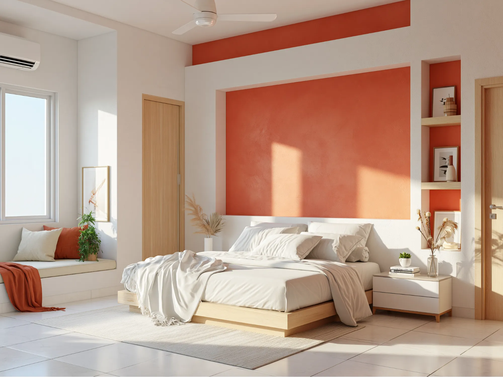 Muted Orange and White Colour Combination for Bedroom